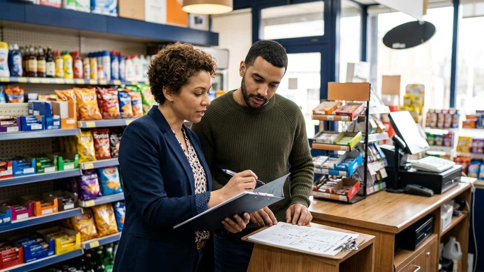 two small-business buyers conducting practical due diligence in a convenience store, reviewing an inventory clipboard near the checkout