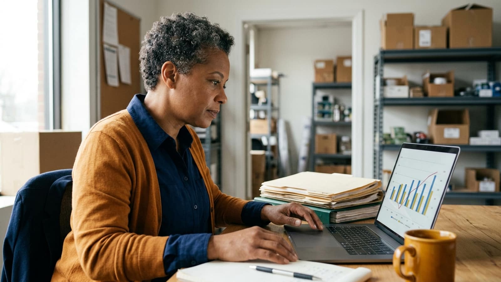 store manager studying a generic cash-flow chart on a laptop beside inventory and supplier records