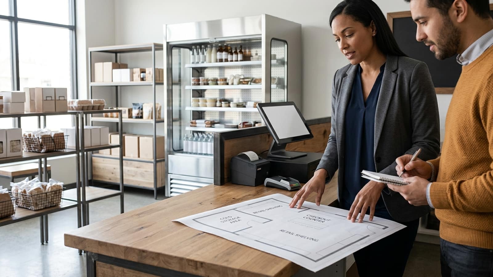 commercial refrigeration, POS equipment and shelving shown in a clean project-planning composition