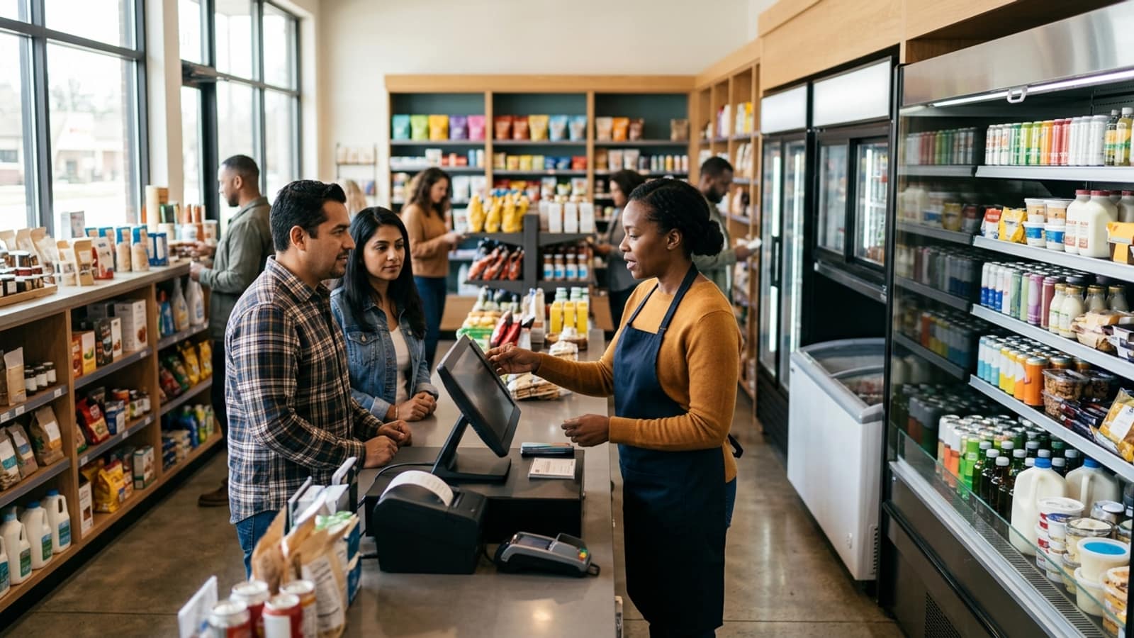 modern commercial refrigeration cases, POS terminal, shelving and food-service equipment in a well-lit independent convenience store