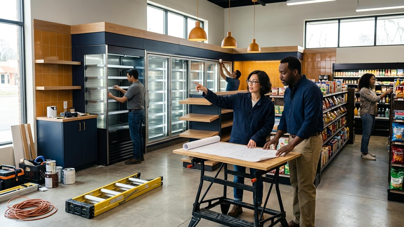 active convenience store adding a modern food-service and refrigeration section, orderly renovation planning scene