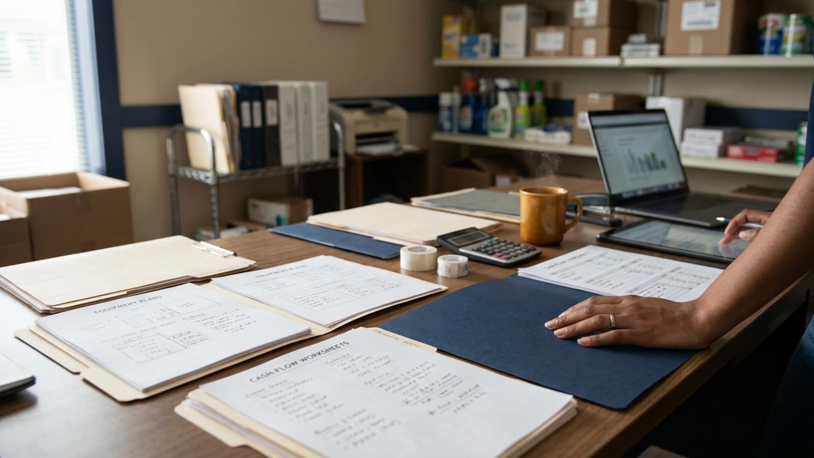organized desk with separate folders, equipment plans and cash-flow worksheets inside a contemporary convenience store office
