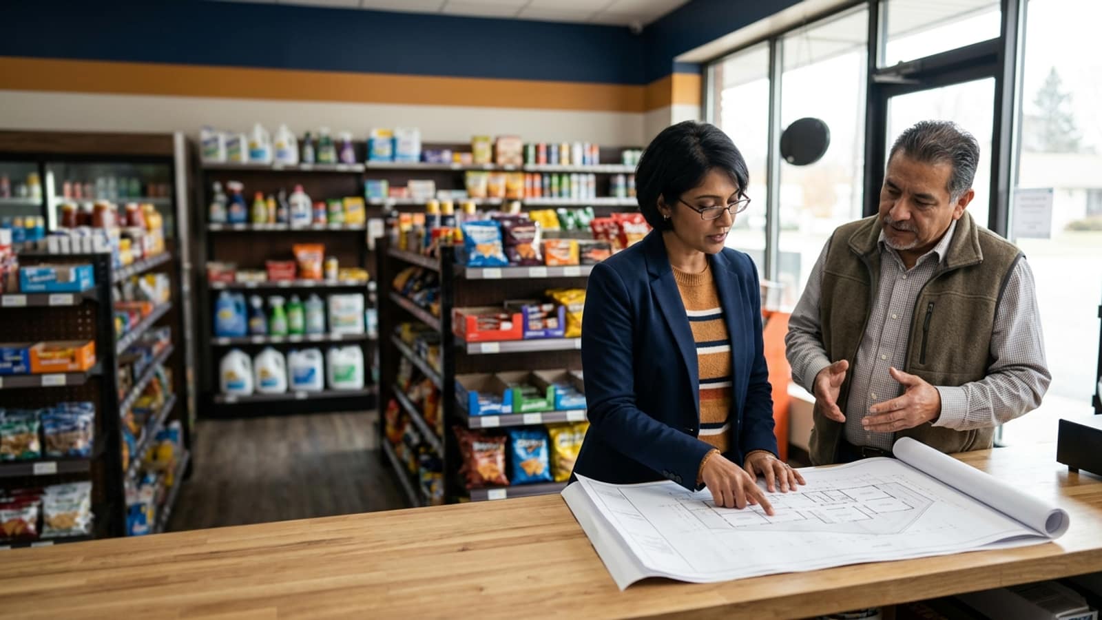 professional convenience store interior with a manager reviewing a generic site plan, no visible brand marks