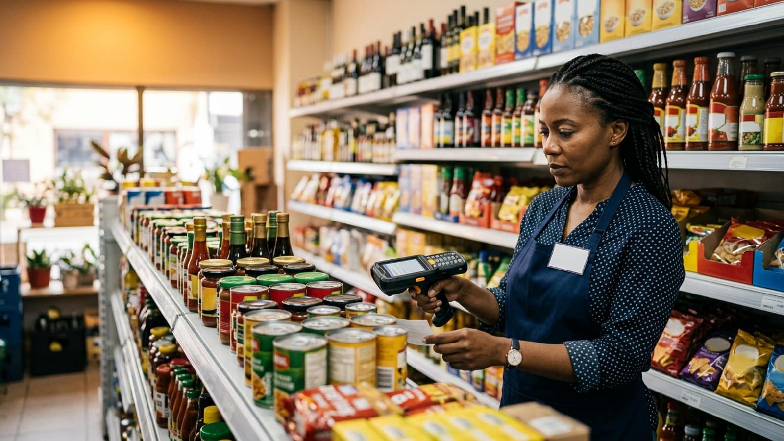 carefully organized convenience store shelves and a manager scanning inventory with a handheld device