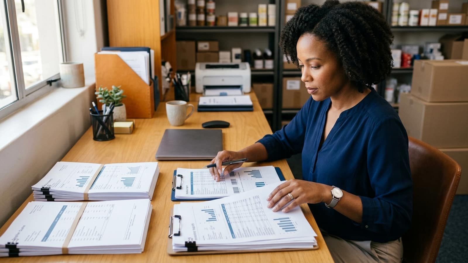 neatly organized financial statements, supplier quotes and inventory reports on a store office desk