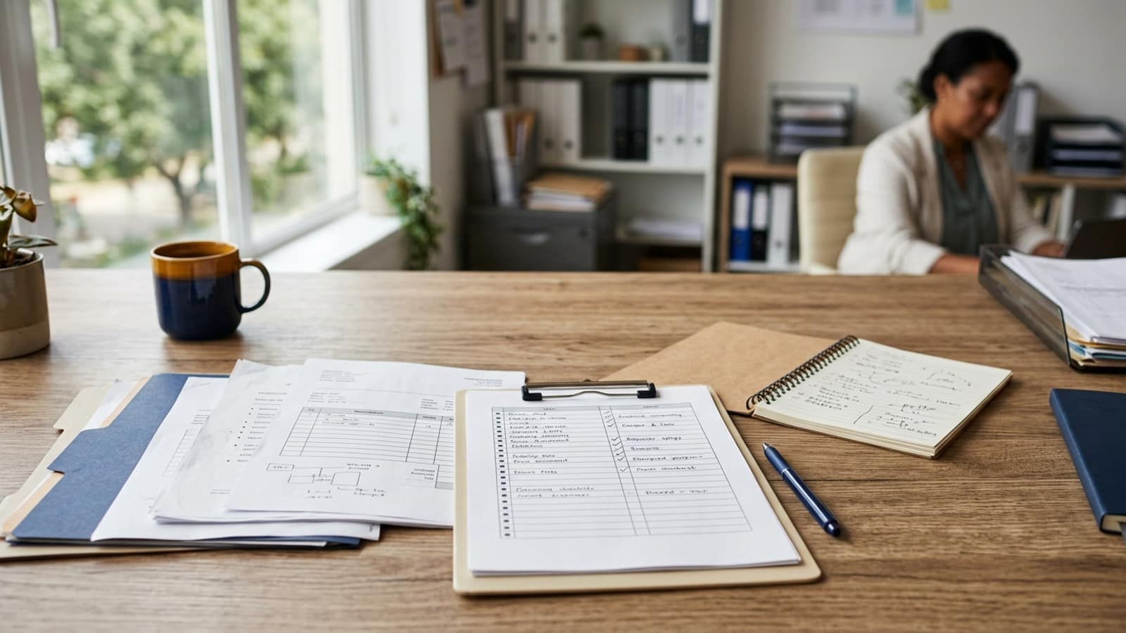 organized business documentation checklist, vendor quotes and store records on a clean office table