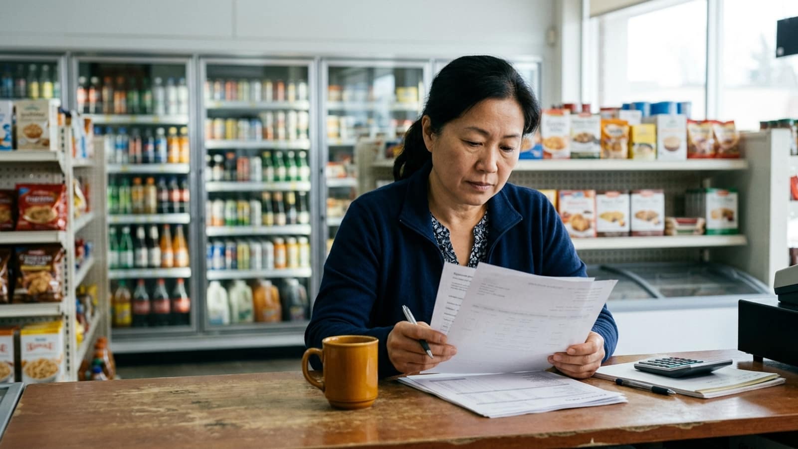 independent convenience store owner reviewing an equipment quote and cash-flow worksheet at a clean counter, refrigeration aisle softly visible
