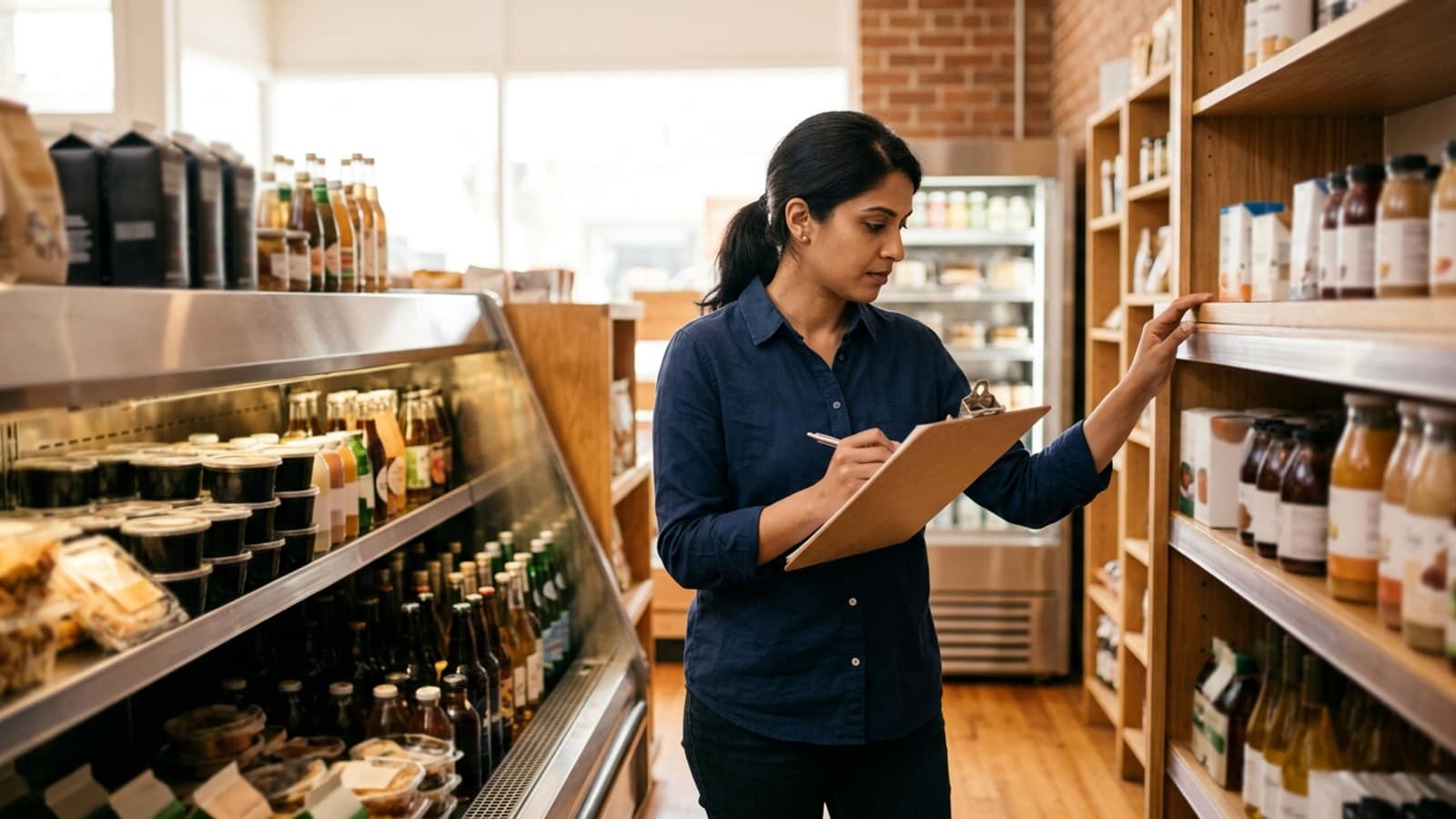 store manager checking inventory and supplier records beside stocked refrigerated cases