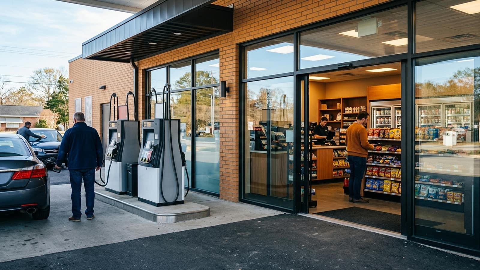 wide exterior-interior visual linking generic fuel pumps with a stocked convenience store, no logos or price signage