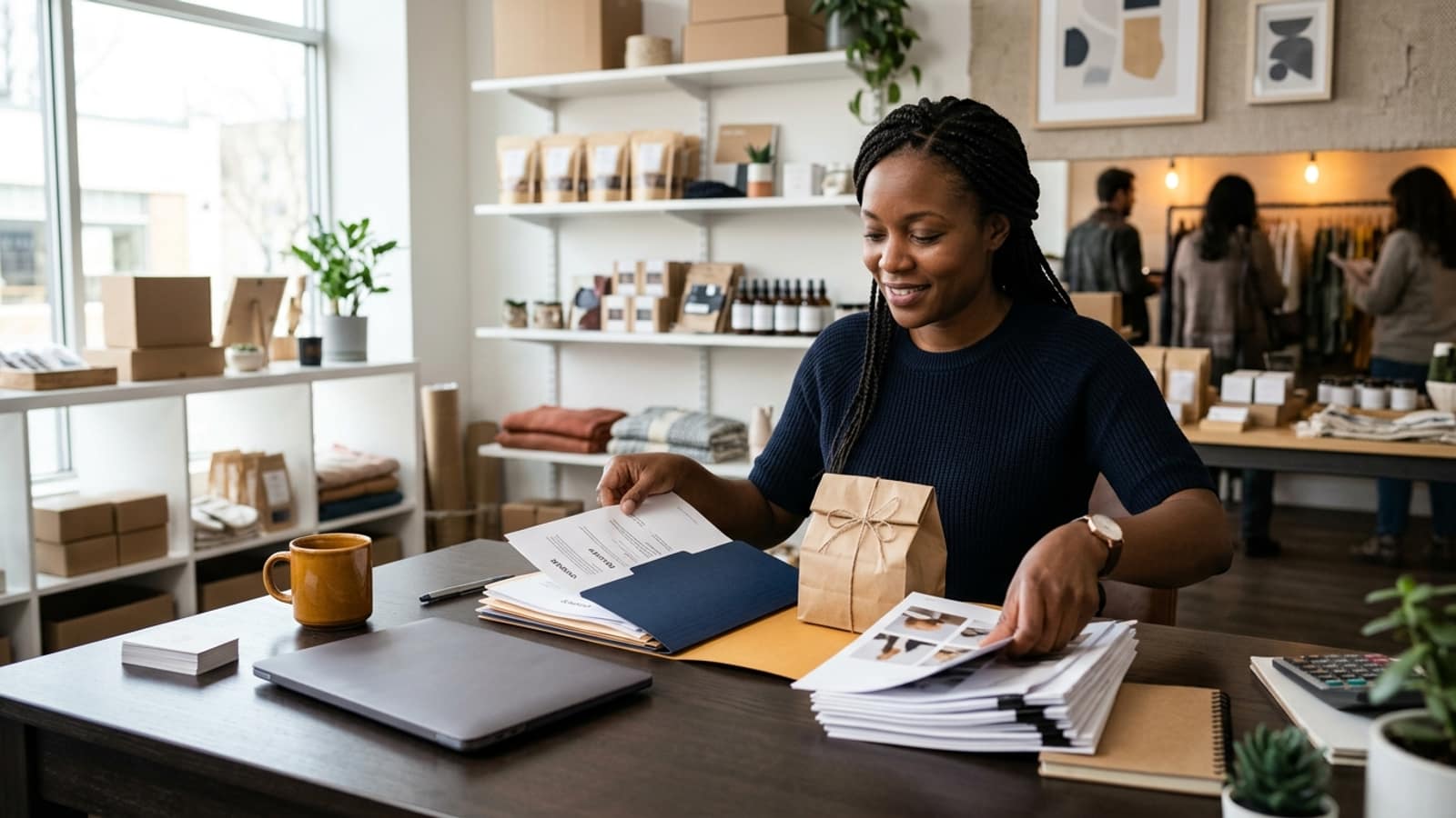 small-business owner assembling purchase, equipment and operating documents at a tidy store office desk